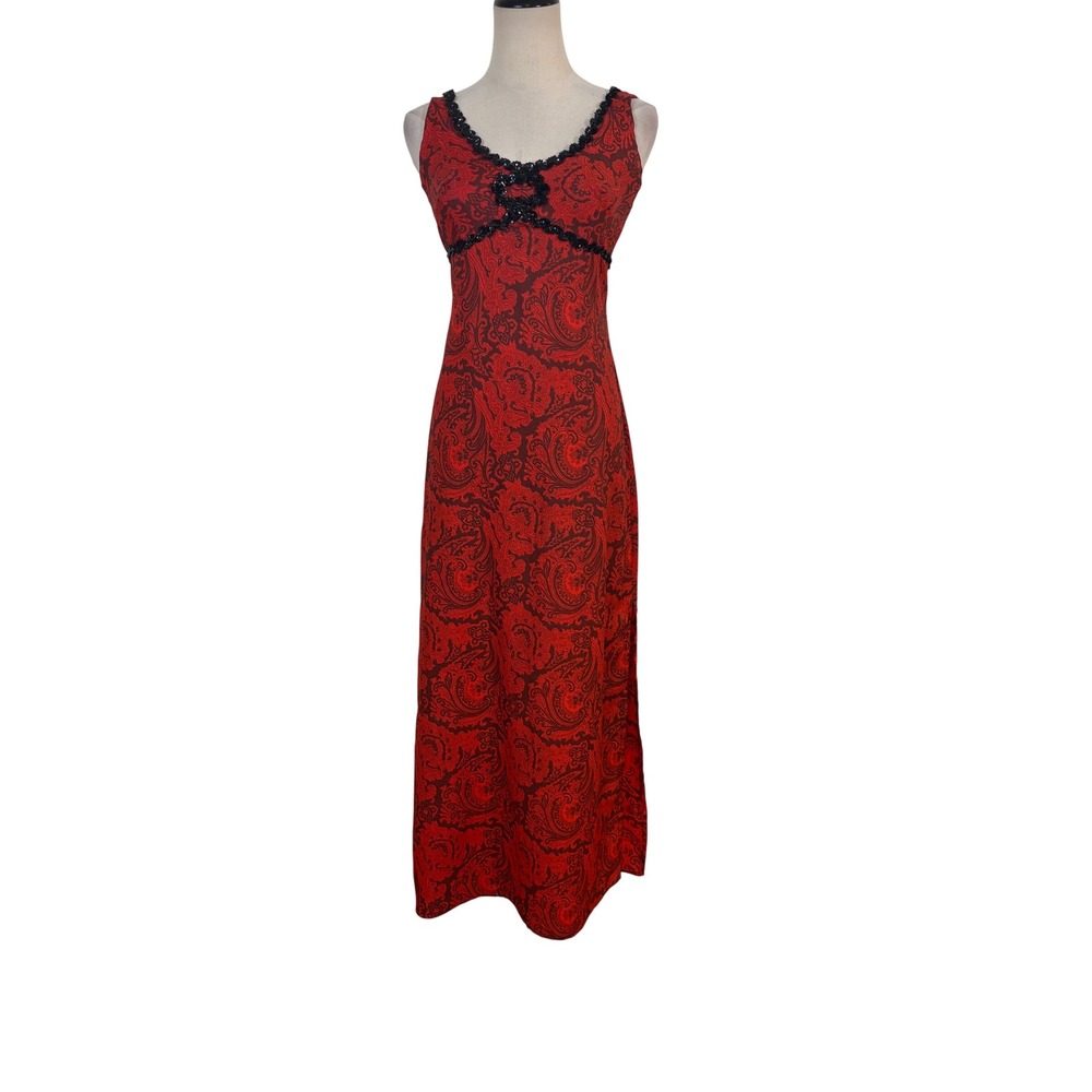 Vtg 60s‎ 70S Maxi Dress S Red Black Paisley Sequin Empire Boho Gothic party